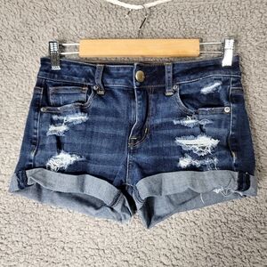 American Eagle Jean Shorts Womens 2 Blue Hi-Rise Shortie Distressed Ripped Denim